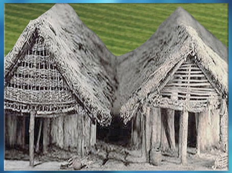 D'après des maquettes de maisons type Charavines, Rhône-Alpes, France, néolithique. (Marsailly/Blogostelle)
