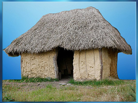 D'après une maison en torchis, bois et chaume, Saint-Just, Bretagne, France, néolithique. (Marsailly/Blogostelle)