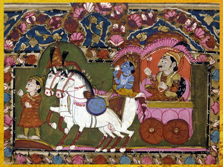 D'après le guerrier Arjuna, Ksatrîya sur son char conduit par Krishna, Bataille de Kurukshetra, Mahabharata, Bhagavad Gita, XVIIIe-XIXe siècle, Inde ancienne. (Marsailly/Blogostelle)