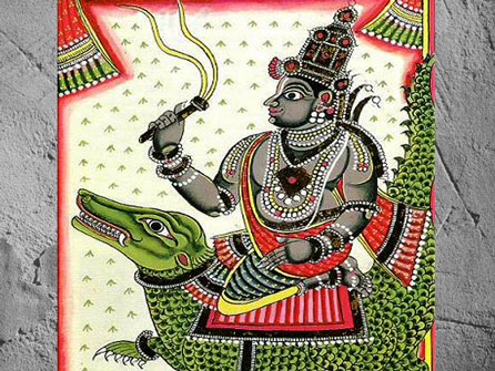 D'après une image du dieu védique Varuna monté sur son makara et armé de son lacet magique, Inde ancienne. (Marsailly/Blogostelle)