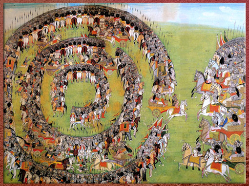 D'après la bataille de Kurukshetra, Mahâbhârata, miniature, 1820, gouache et or, école Pahari, Kangra, Inde Nord. (Marsailly/Blogostelle)