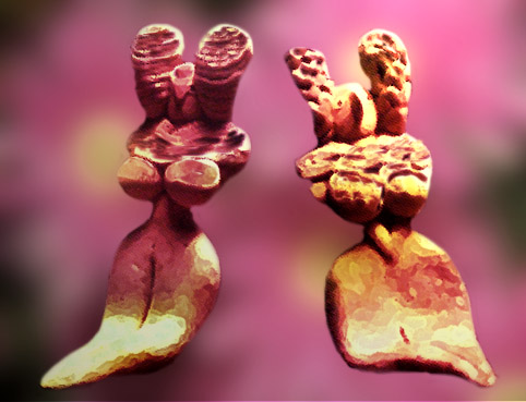 D'après deux statuettes féminines, terre cuite, vers 3000 ans avjc, Vallée de l'Indus, Pakistan actuel, période Néolithique, Inde ancienne. (Marsailly/Blogostelle)