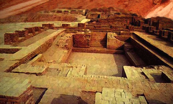 D'après des vues du grand bain de la ville haute de Mohenjo-Daro, vers 2500-2300 avjc, civilisation de l'Indus, Inde ancienne. (Marsailly/Blogostelle)