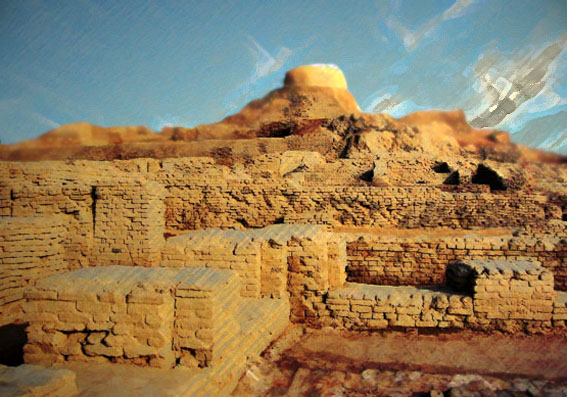 D'après des vues de la ville haute et citadelle de Mohenjo-Daro, entre 2500 ans avjc et 1800 avjc, civilisation de l'Indus, Inde ancienne. (Marsailly/Blogostelle)