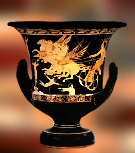 D'après la figure du dieu Hélios sur un cratère grec, Ve siècle avjc, Grèce Antique. (Marsailly/Blogostelle)