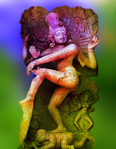 D'après un haut-relief du dieu Çiva. Héritier du dieu védique Rudra-Çiva, il incarne dans l'hindouisme la destruction et la recréation cosmique... (Illustration Marsailly/Blogostelle.)