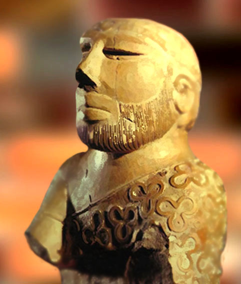 D’après un buste d'homme barbu, ronde bosse, stéatite cuite, Mohenjo-Daro, fin IIIe millénaire avjc, civilisation de l'Indus. (Marsailly/Blogostelle)