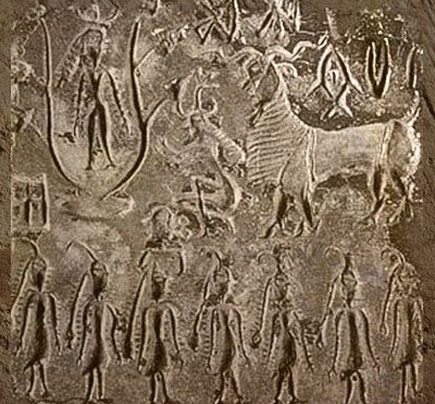 D'après un sceau décoré d'une petite scène, vers 2300 - 1800 avjc, civilisation de l'Indus. (Marsailly/Blogostelle)