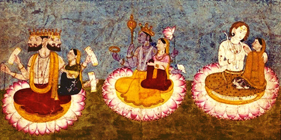 D'après les trois couples divins sur des lotus, divinités hindoues, sur un manuscrit du XVIIIe siècle, Inde ancienne. (Marsailly/Blogostelle)