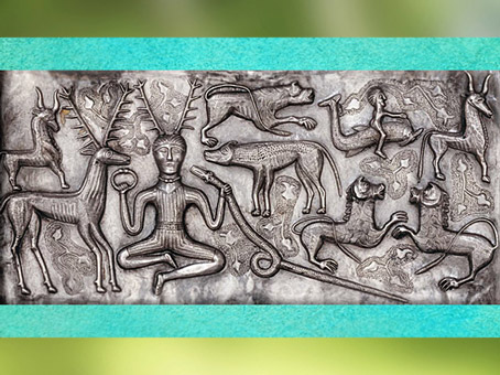 D'après le dieu Cerf, torque, serpent et animaux, chaudron de Gundestrup, or et argent, Ier siècle avjc, Danemark, art celte, âge du Fer. (Marsailly/Blogostelle)