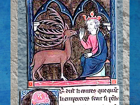 D'après Merlin changé en cerf face à un roi, anonyme, cycle Lancelot, Graal, XIIIe siècle, période médiévale. (Marsailly/Blogostelle)