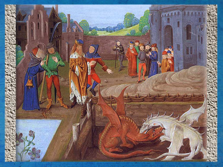 D'après le combat des deux dragons révélé par Merlin au roi Vortigern, manuscrit de l’Historia Regum Britanniae XVe siècle, période médiévale. (Marsailly/Blogostelle)