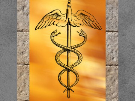 D'après le caducée du dieu grec Hermès, messager des dieux et divinité psychopompe. (Marsailly/Blogostelle)