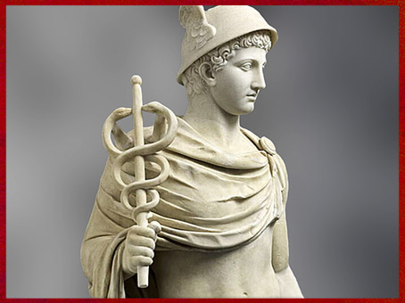 D'après le dieu gréco-romain Hermès-Mercure et son caducée, statue en marbre, époque impériale, Ier-IIe siècle, art Romain. (Marsailly/Blogostelle)