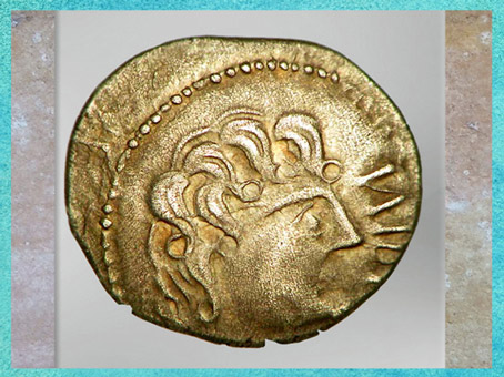 D'après un portrait, statère des Suessions, région de Soissons, Picardie, Ier siècle avjc, Gaule celtique. (Marsailly/Blogostelle)