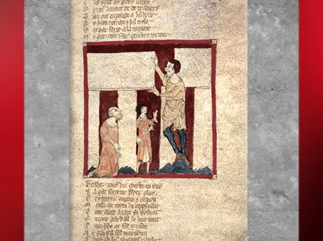 D'après un récit légendaire, Merlin, aidé par un géant, élévation de Stonehenge, manuscrit du Roman de Brut, Wace, XIIe siècle, art médiéval. (Marsailly/Blogostelle)