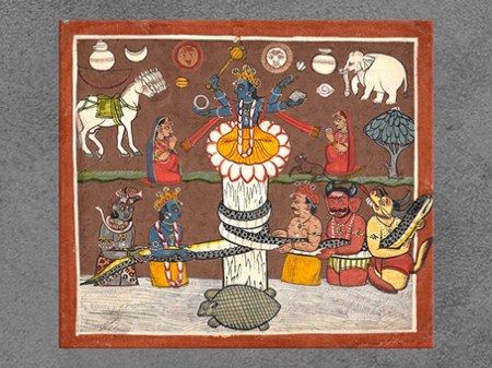 D’après Le Barattage de la Mer de Lait, peinture, XVIIIe siècle, Inde ancienne. (Marsailly/Blogostelle)