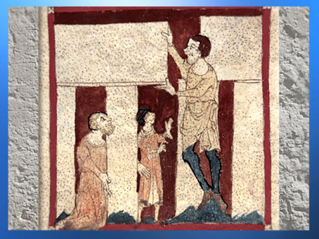 D'après Merlin, aidé par un géant, élévation de Stonehenge, manuscrit du Roman de Brut, Wace, XIIe siècle, art médiéval. (Marsailly/Blogostelle)