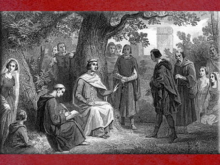 D'après le roi de France Saint Louis rendant la justice sous un chêne, à Vincennes, gravure du XIXe siècle. (Marsailly/Blogostelle)