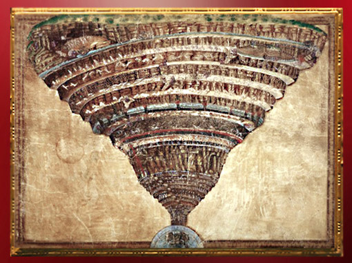 D'après le cône spiralé de l'Enfer, Divine Comédie, Sandro Botticelli, 1480-1495 apjc, Renaissance Italienne. (Marsailly/Blogostelle)