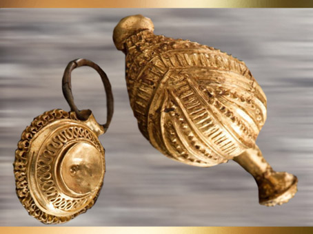 D'après des fibules, bronze rehaussé d'or, tombe de la Dame de Heuneburg, Allemagne, période de Hallstatt. (Marsailly/Blogostelle)