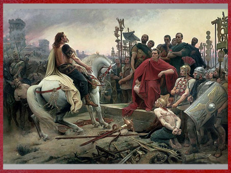 D'après Vercingétorix, qui jette ses armes aux pieds de César, tableau de Lionel Royer, 1899, XIXe siècle. (Marsailly/Blogostelle)
