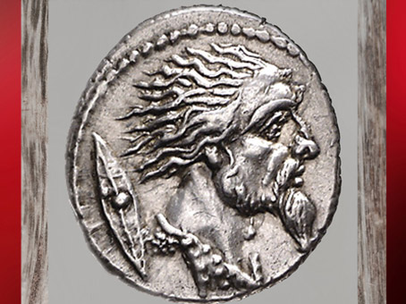 D'après un portrait présumé de Vercingétorix prisonnier, 48 avjc, denier romain, Ier siècle, époque Gaule Romaine. (Marsailly/Blogostelle)