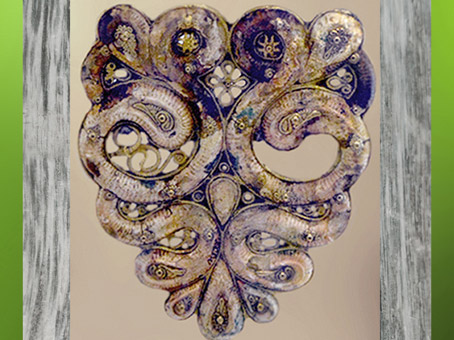 D'après le casque d'Agris, serpents-béliers, fer, or et corail, IVe siècle avjc, La Tène, Charente, Gaule celtique, âge du Fer. (Marsailly/Blogostelle)