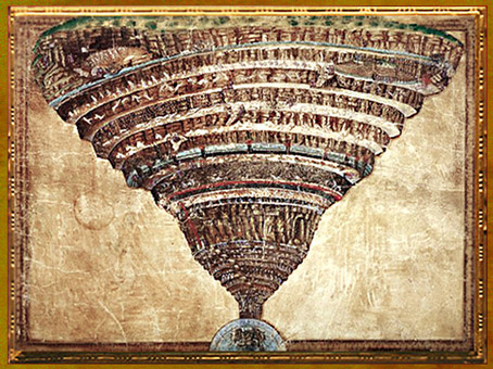 D'après le cône spiralé de l'Enfer, Divine Comédie, Sandro Botticelli, 1480-1495, XVe siècle, Renaissance italienne. (Marsailly/Blogostelle)