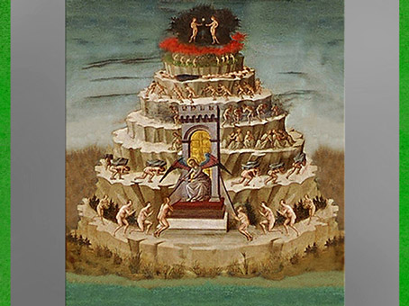 D’après le Mont du Purgatoire, Divine Comédie de Dante Alighieri, de Domenico di Michelino, 1465, Florence, XVe siècle, Renaissance italienne. (Marsailly/Blogostelle)