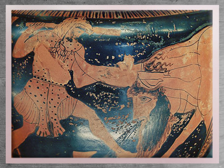 D'après le combat d'Achéloos et Héraclès pour la main de Déjanire, cratère attique, vers 450 avjc, Grèce antique. (Marsailly/Blogostelle)