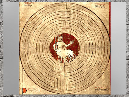 D'après le labyrinthe de Dédale et le Minotaure, parchemin, Lambert de Saint-Omer, Liber Floridus, 1121, XIIe siècle, art médiéval. (Marsailly/Blogostelle)