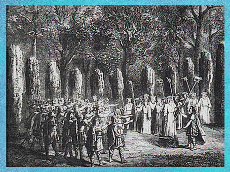 D'après un rassemblement de druides, porteurs de hampes surmontées d'un sanglier, emblème du dieu Lug. (Marsailly/Blogostelle)