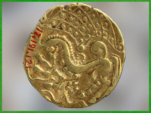 D'après un statère des Parisii, peuple gaulois, cheval, côté pile, Ier siècle avjc, Gaule Celtique. (Marsailly/Blogostelle)