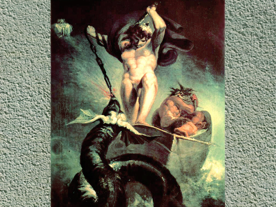 D'après La bataille de Thôrr et du serpent de Midgard, Johann Heinrich Füssli, fin XVIIIe siècle. (Marsailly/Blogostelle.)