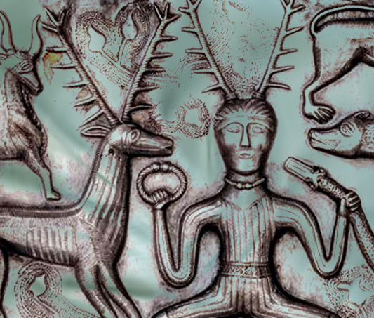 D'après le dieu aux bois de Cerf, chaudron en métal de Gundestrup, Ier siècle avjc, art celte, Danemark. (Marsailly/Blogostelle.)