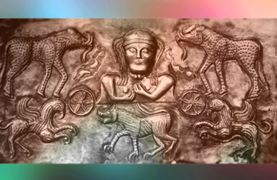 D'après une déesse parée d'un torque et entourée d'animaux, chaudron de Gundestrup, or et argent, Ier siècle avjc, Danemark, âge du Fer. (Marsailly/Blogostelle.)