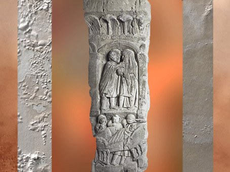 D'après les soins chez l'oculiste, bas-relief sur pilier, Montiers-sur-Saulx, Meuse, Gaule Romaine. (Marsailly/Blogostelle)