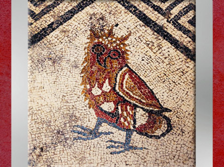 D'après le hibou, motif central, détail, pavement en mosaïque, Uzès, antique Ucetia, Ier siècle avjc, Gard, France, Gaule Romaine. (Marsailly/Blogostelle)