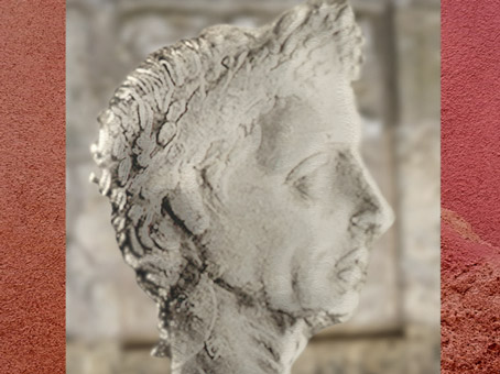 D'après un portrait de Jules César sur un denier romain, Ier siècle avjc. (Marsailly/Blogostelle)