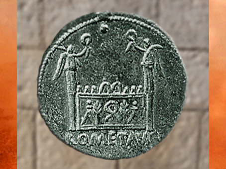 D'après l'Autel du culte de Rome et d'Auguste, monnaie, atelier impérial de Lugdunum, Ier siècle, Lyon, Gaule Romaine. (Marsailly/Blogostelle)