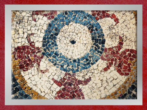 D’après les mosaïques d’Uzès, antique Ucetia, motif de ronde de taureaux, Ier siècle avjc, Gard, France, Gaule Romaine. (Marsailly/Blogostelle)