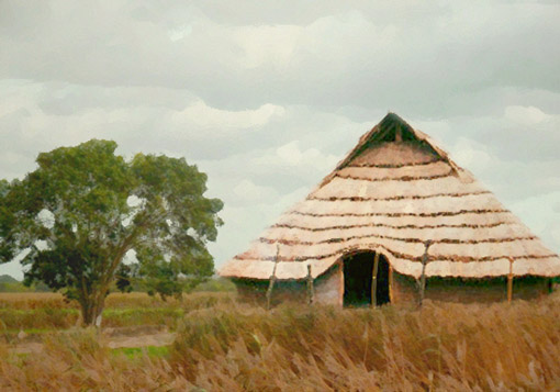 D'après une reconstitution de maison gauloise, type Villeneuve-Saint-Germain, Ier siècle avjc, Gaule, France. (Marsailly/Blogostelle)