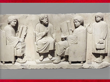 D'après des étudiants et leur professeur, bas-relief de Neumagen, fin IIe siècle, grès, Allemagne, Trèves, période romaine. (Marsailly/Blogostelle)