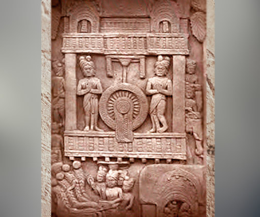 D'après un palais et la Roue de la Loi, IIe siècle avjc, Bharhût, Madhya Pradesh, Nord, Inde ancienne. (Marsailly/Blogostelle)