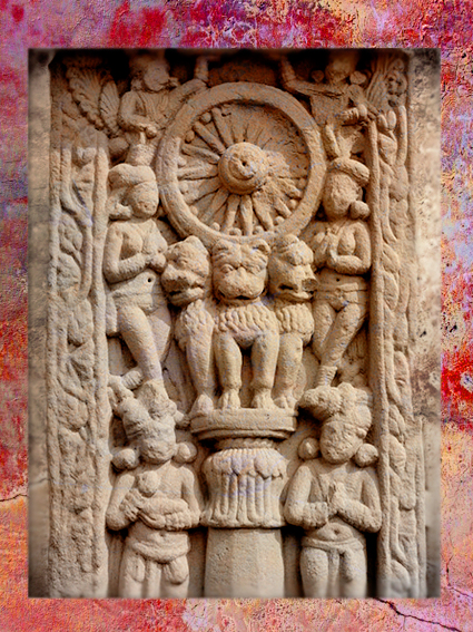 D'après la Roue de la Loi et Lions, pilier d'Açoka, Sânchî 3, Madya Pradesh, Nord, Inde ancienne. (Marsailly/Blogostelle)