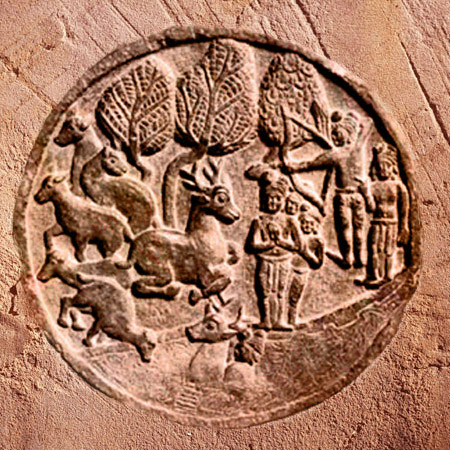 D’après le Jâtaka du Cerf, médaillon sculpté en bas-relief, stûpa de Bhârhut, IIe siècle avjc, Madhya Pradesh, Nord, Inde ancienne. (Marsailly/Blogostelle)