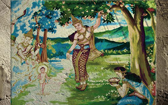 D’après une évocation de la naissance de Buddha dans le jardin de Lumbini, devenu un lieu de pèlerinage, peinture, Laos. (Marsailly/Blogostelle)
