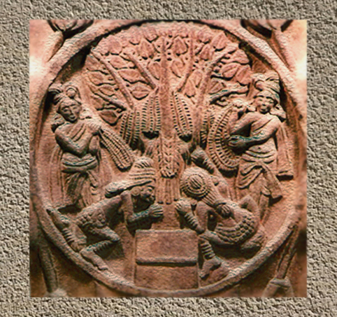 D'après des Yaksha et arbre de l'éveil, Bhârhut, médaillons sculptés, vers le IIe siècle avjc, Madhya Pradesh, Nord, Inde ancienne. (Marsailly/Blogostelle)