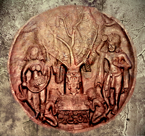 D'après des Yaksha et arbre de l'éveil, Bhârhut, médaillons sculptés, vers le IIe siècle avjc, Madhya Pradesh, Nord, Inde ancienne. (Marsailly/Blogostelle)